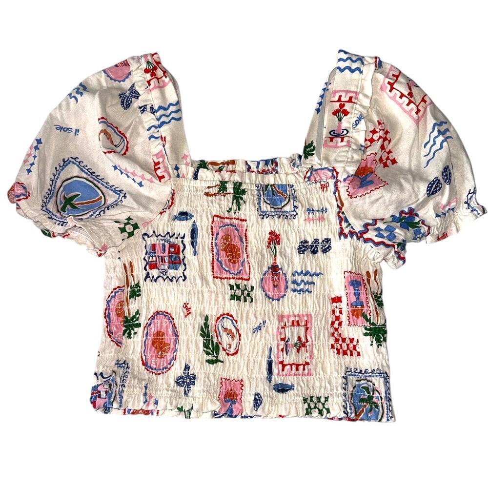 Monteau Linen LA Smocked Puff Sleeve Crop Top Cottagecore Floral Women’s Small